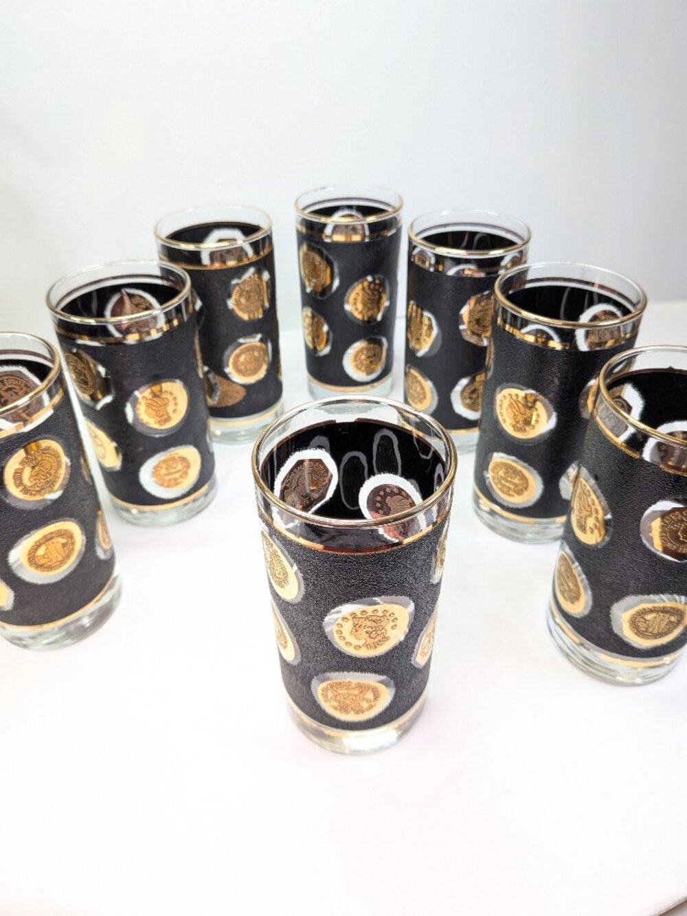 Set of 8 Vintage Culver Glass Panama Pacific 22k Gold Coin Highball Tumblers MCM - Picture 1 of 12
